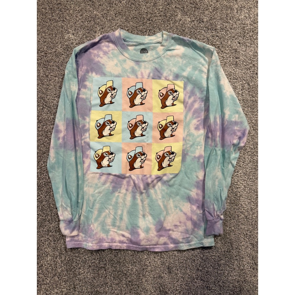 Buc-ee's Long Sleeve Shirt Mens L Blue Tie Dye Pop Art Beaver Graphic Cotton Tee